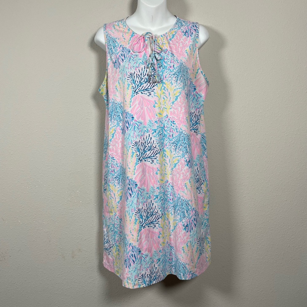 Lilly Pulitzer Shift Dress Women M Pink Blue Coral Tassel Tie Neck Pockets EX